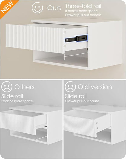 Modern Small Nightstand with Drawer, Floating Shelves for Bedroom, Bathroom (White Stripe)