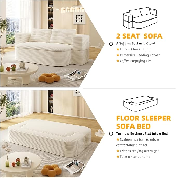 78.7" Futon Sofa Bed, 2-in-1 Foldable Sleeper Sofa, Convertible Floor Couch with Pillows, Corduroy Couch with Multi Functional Blanket Upholstered Boneless Couches for Living Room, Cream Beige