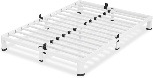 VIPSHOW 4 Inch White Queen Bed Frame, 3500Lbs Heavy Duty Metal Platform with Round Corner Legs Mattress Slide Stopper, Steel Slat Support No Box Spring Needed, Noise Free, Non-Slip, Easy Assembly