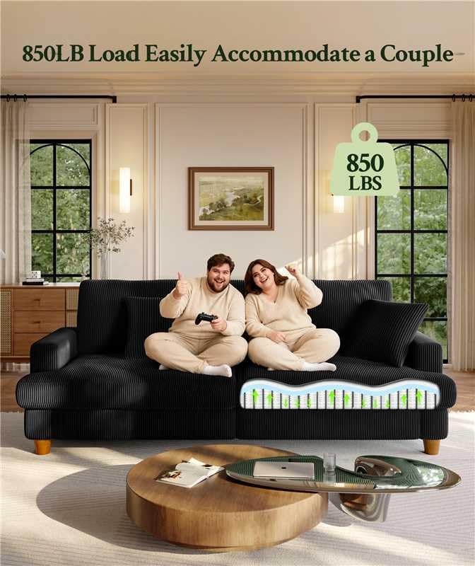 Welzona 87.2" Couches for Living Room, Comfy Black Couch 7.5" Extra Thick Cushion, Sofas for Living Room Tool-Free Setup, Loveseat Sofa 848lbs Support, Corduroy Couch for Bedroom, Apartment, Office