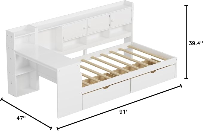 Bellemave Twin Size Corner Bed Frame, Twin Size Corner Beds with Storage Cabinets and Desk, Wood Daybed with Bookcase and Drawers, White