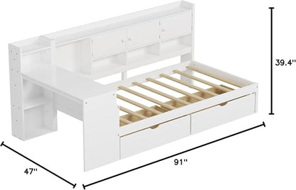 Bellemave Twin Size Corner Bed Frame, Twin Size Corner Beds with Storage Cabinets and Desk, Wood Daybed with Bookcase and Drawers, White