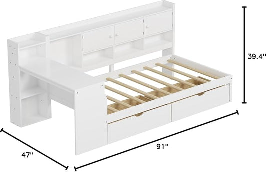 Bellemave Twin Size Corner Bed Frame, Twin Size Corner Beds with Storage Cabinets and Desk, Wood Daybed with Bookcase and Drawers, White