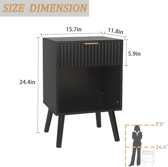 Fultyle Black Fluted Nightstand, Modern Bedside Table with Drawer and Open Storage, End Side Table Living Room with Solid Wood Legs for Bedroom (Black)