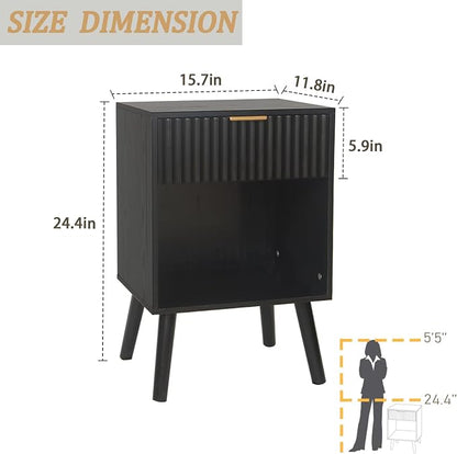Fultyle Black Fluted Nightstand, Modern Bedside Table with Drawer and Open Storage, End Side Table Living Room with Solid Wood Legs for Bedroom (Black)
