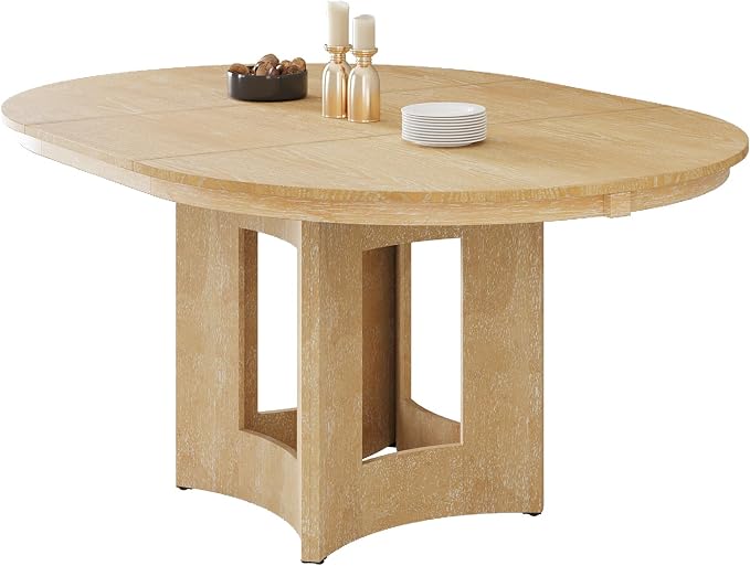 LUMISOL Round Dining Table for 4-6 People, 41"-57" Extendable Kitchen Table with 16" Removable Leaf for Small Places, Kitchen, Dining Room, Natural