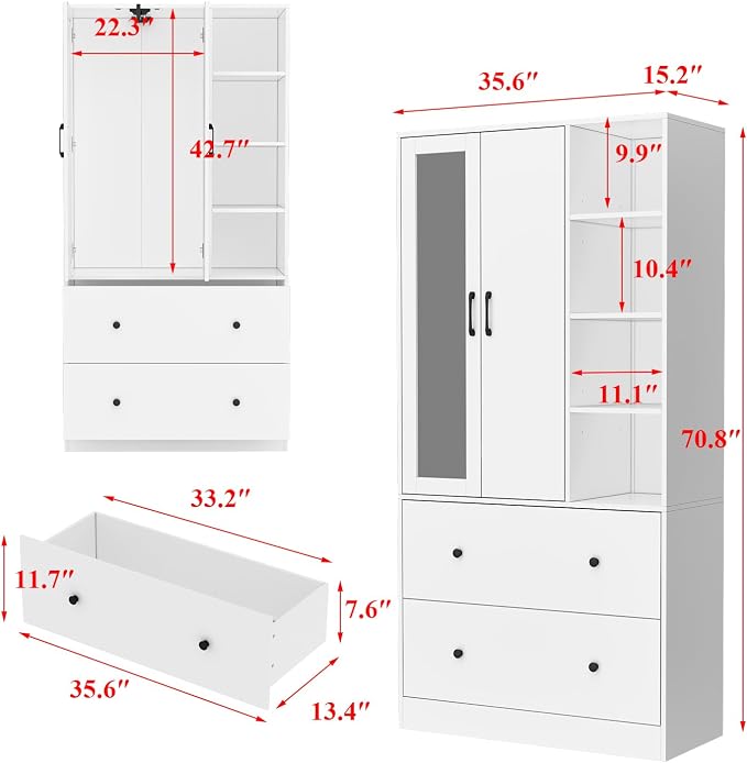 Homsee Wardrobe Armoire Wooden Closet with Mirror, 2 Doors, 2 Drawers, 4 Open Storage Cubes and Hanging Rod for Bedroom, White