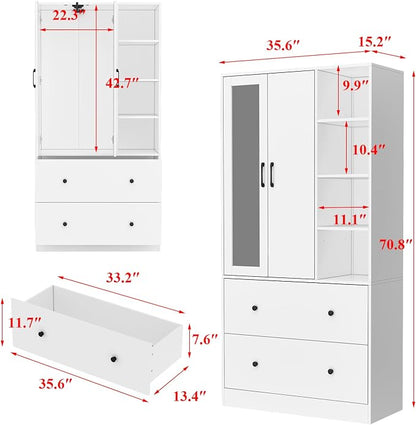 Homsee Wardrobe Armoire Wooden Closet with Mirror, 2 Doors, 2 Drawers, 4 Open Storage Cubes and Hanging Rod for Bedroom, White