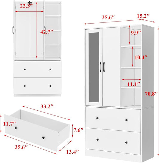 Homsee Wardrobe Armoire Wooden Closet with Mirror, 2 Doors, 2 Drawers, 4 Open Storage Cubes and Hanging Rod for Bedroom, White
