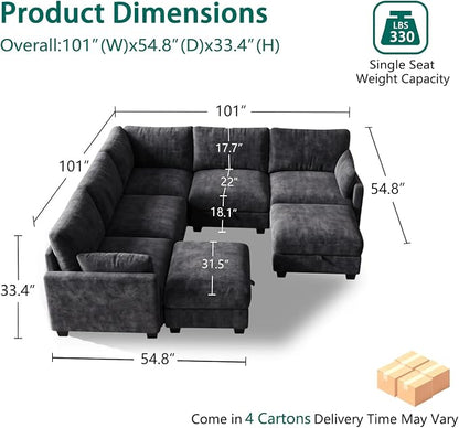 Modular Sectional V Shaped Sofa Couches for Living Room, Cloud Couch with Storage Ottoman, Comfy Chenille Sofa with Pillow, Black