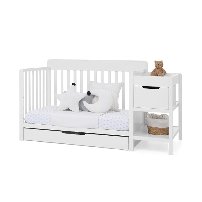 Delta Children Maya 5-in-1 Convertible Crib and Changer with Storage, Converts to Toddler Bed, Daybed, Sofa & Full Bed, Greenguard Gold Certified, 3 Mattress Heights for Baby, Bianca White