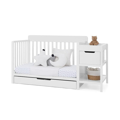 Delta Children Maya 5-in-1 Convertible Crib and Changer with Storage, Converts to Toddler Bed, Daybed, Sofa & Full Bed, Greenguard Gold Certified, 3 Mattress Heights for Baby, Bianca White