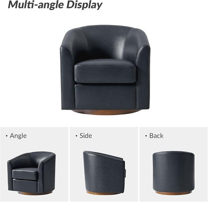 HULALA HOME Genuine Leather Swivel Barrel Chair, Round Swivel Accent Chair with Solid Wood Base, No Assembly Required, Navy