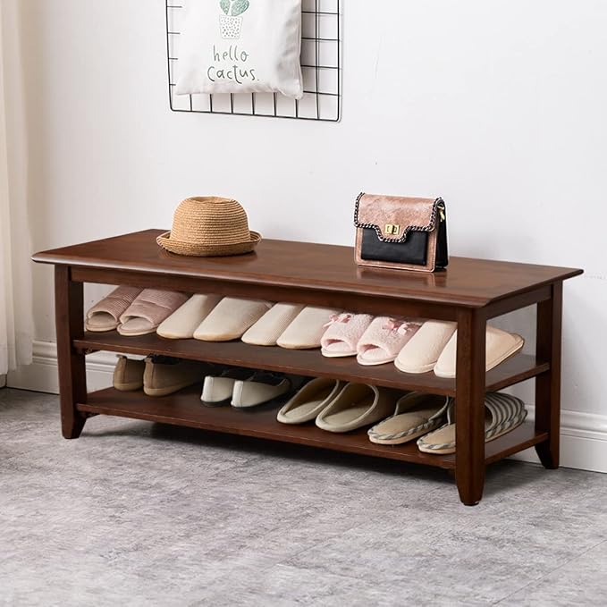 Dewfig Shoe Bench with Storage for Entryway, 48", Shoe Rack Bench with 3-Tier Organizer Shelf for Hallway, Bedroom, Living Room, Solid Wood, Holds Up to 550Lbs, Dark Brown
