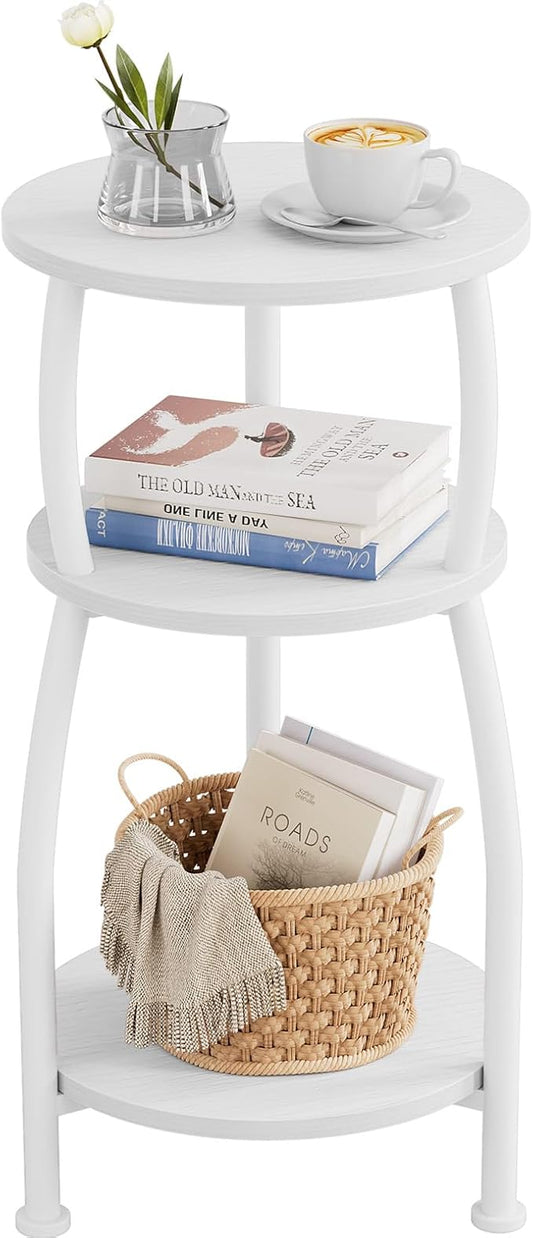 Small Round Side Table, 3-Tier End Table with Storage Shelf, Slim Sofa Table Coffee Table, Sturdy & Easy Assemble Nightstand for Small Spaces, Living Room Bedroom Corner, White