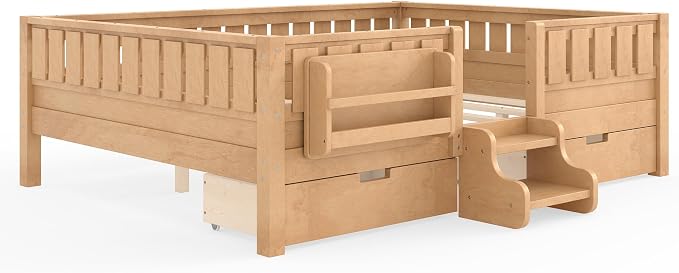 Bellemave Queen Size Kids Bed with high Rails and with Built-in Bookshelf and Drawers for Kids, Girls, Boys, Wood Montessori Bed Without Door, Light Natural