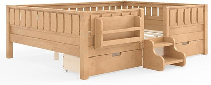 Bellemave Queen Size Kids Bed with high Rails and with Built-in Bookshelf and Drawers for Kids, Girls, Boys, Wood Montessori Bed Without Door, Light Natural