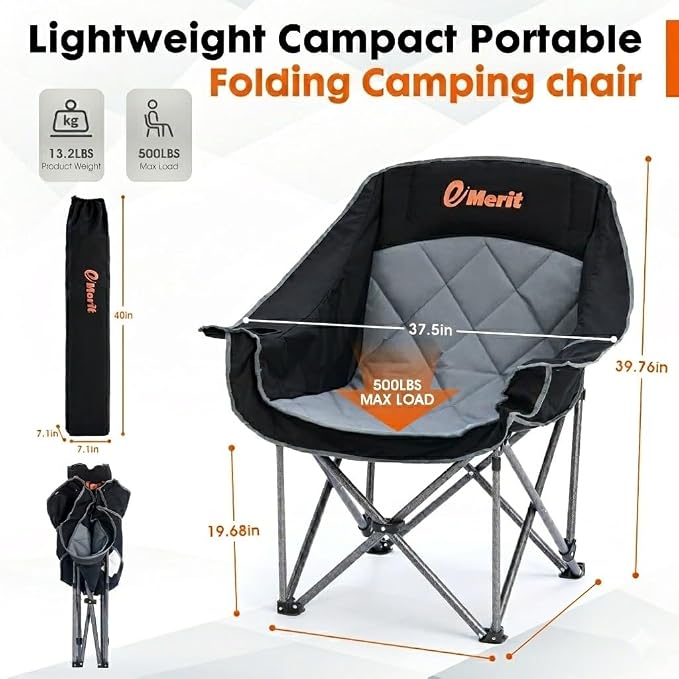 EMERIT 2 Pack Oversized Padded Camping Chairs, Heavy Duty 450 LBS Capacity Outdoor Folding Quad Chair with Cup Holder, Portable for Camping, Tailgating, Sports, Backyard & Patio, Black