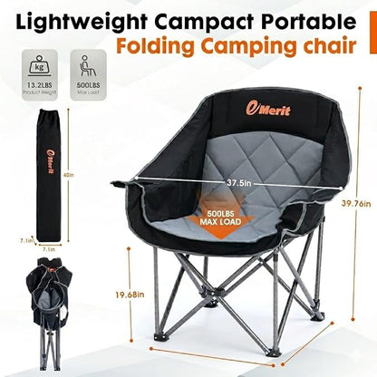 EMERIT Oversized Padded Camping Chairs, Heavy Duty 450 LBS Capacity Outdoor Folding Quad Chair with Cup Holder, Portable for Camping, Tailgating, Sports, Backyard & Patio, Black