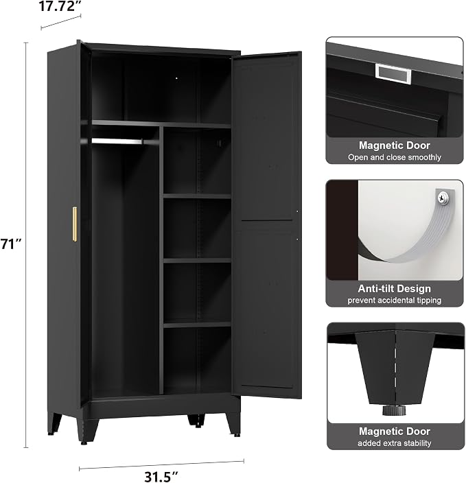 Washsemba 71'' Farmhouse Metal Wardrobe Cabinet with Hanging Rod, 2 Barn Door Wardrobe Closet with 5 Adjustable Shelves,Drawer,for Dining Room,Bedroom,Living Room, Cloak Room,Office (Black)