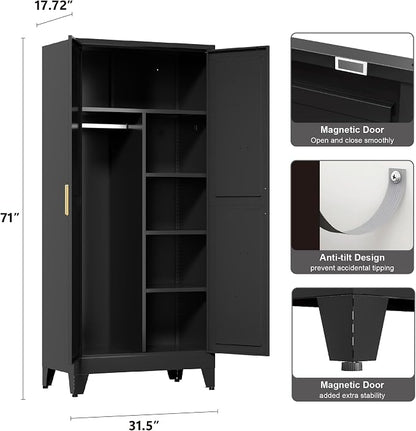 Washsemba 71'' Farmhouse Metal Wardrobe Cabinet with Hanging Rod, 2 Barn Door Wardrobe Closet with 5 Adjustable Shelves,Drawer,for Dining Room,Bedroom,Living Room, Cloak Room,Office (Black)