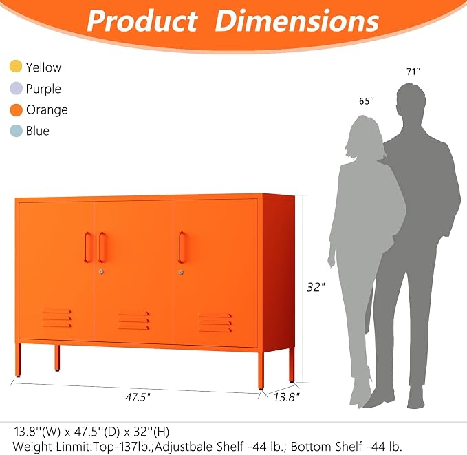 Metal Storage Cabinet with Lock and Adjustable Shelves, Freestanding Pantry Cabinet, Durable Metal 3-Door Storage Sideboard for Home Office Kitchen Orange 32" H X 47.3" W X 13.8" D