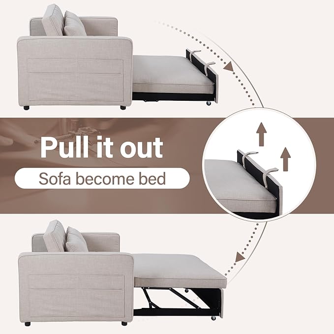 HAOMARKETS 3 in 1 Convertible Sleeper Sofa Bed, Loveseat Chaise Lounge with Pullout Bed, 2-Seater Futon Couches with Storage Pockets, 3-Level Adjustable Backrest and Pillows for Living Room, White