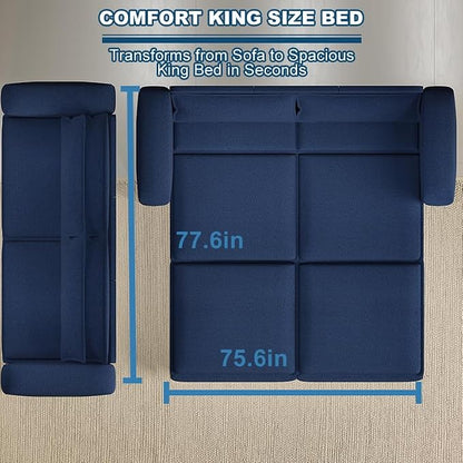 93" King Pull Out Sofa Bed, Boucle Sleeper Sofa Couch, Modern Wide Armrest, 3 in 1 Convertible Futon Couches for Living Room, Small Space, Apartment, Office, Bedroom, Blue