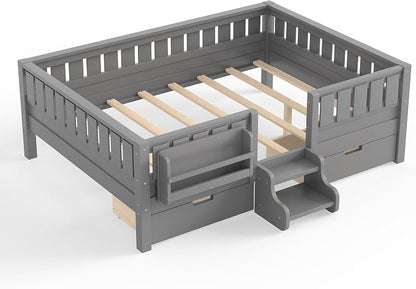 Bellemave Full Size Montessori Bed with Stairs, Rails and Slats, Full Size Montessori Floor Bed with Bookshelf and 2 Storage Drawers, Easy Assemble Beds Frame for Girls, Boys, Gray