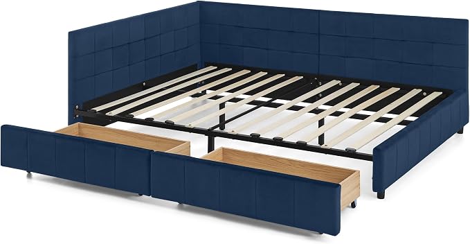 Full Size Corner Bed Frame with Storage Drawers, Comfortable Backrest and Armrests, Velvet Tufted Corner Bed Frame Full Size, Upholstered Daybed for Bedroom, Living Room, Guest Room, Dark Blue