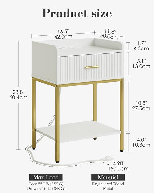 Nightstand with Charging Station, 3-Tier Bed Side Table, Small End Table, Night Stand with Open Shelf and Drawer, Bedside Table for Bedroom, Living Room, White