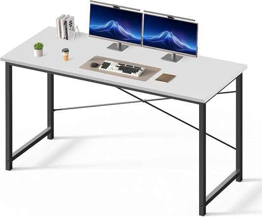 DUMOS 55 Inch Computer Desk for Home Office, Modern Study Work Table Simple Style for Bedroom Small Space, Large Writing Desks with X-Shaped Reinforcement, Wood White