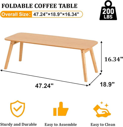 Baveke Folding Coffee Table- Foldable Floor Tables, Mid Century Coffee Table for Living Room, Small Coffee Tables Solid Wood Japanese Low Table for Sitting on Floor, No Assembly, 47.2''-Natural