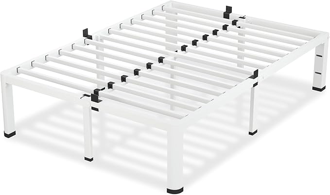 VIPSHOW 12 Inch White Queen Bed Frame, 3500Lbs Heavy Duty Metal Platform with Round Corner Legs Mattress Slide Stopper, Steel Slat Support No Box Spring Needed, Noise Free, Non-Slip, Easy Assembly