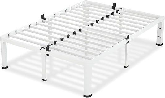VIPSHOW 12 Inch White Queen Bed Frame, 3500Lbs Heavy Duty Metal Platform with Round Corner Legs Mattress Slide Stopper, Steel Slat Support No Box Spring Needed, Noise Free, Non-Slip, Easy Assembly