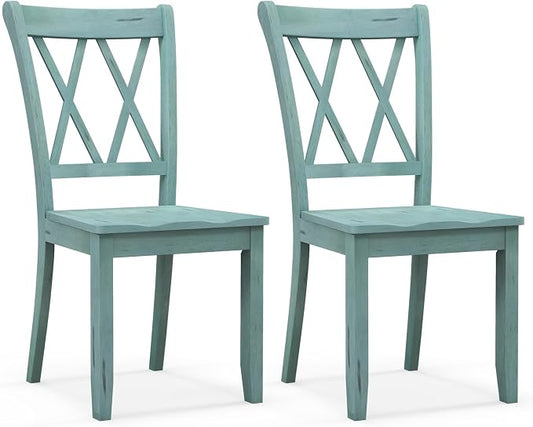 SIMOE Set of 2 Wooden Dining Chairs, Mid Century Farmhouse Kitchen Chairs, Solid Rubberwood Armless Side Chairs with High Back, Ergonomic Seats for Dining Room Living Room, Green