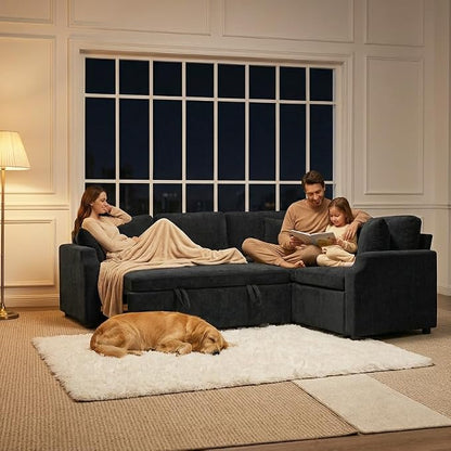 ROCANT 82 inch Modular Sectional Couch with Pull Out Bed, 5-Seat L-Shaped Chenille Sleeper Sofa with Reversible Chaise and 2 Pillows, Black