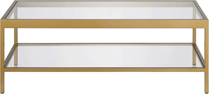 Henn&Hart 45" Wide Rectangular Rectangular Coffee Table in Brass, Modern Rectangular Coffee Tables for living room, studio apartment essentials | Open lower shelf adds practical storage while the glass design keeps spaces feeling bright