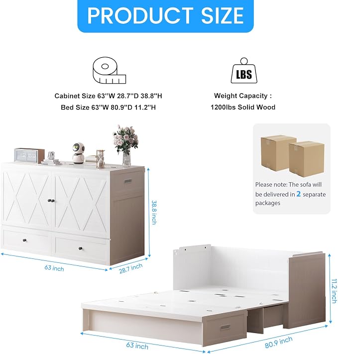 PUREMIND Murphy Bed Queen, X-Farmhouse Frames Cabinet Beds Chest with Charging Station & Storage Drawers, Convertible Hideaway Cabinet Bed for Guest Room, White, Without Mattress