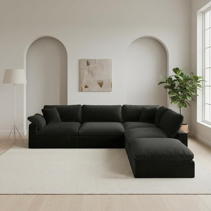 143" Cloud Modular Sectional Sofa,Black Down Filled Sofa 4 Seat with Chaise,Minimalist Sofa Cover Washable and Replaceable Couches for Living Room,Sectional Sofa Deep Seat