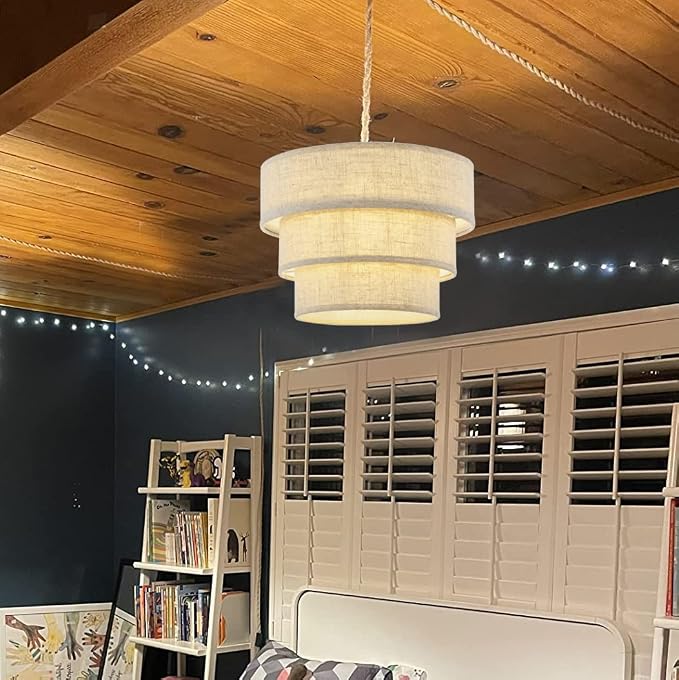 XININSUN 3-Tier Drum Linen Plug in Pendant Light with15ft Hemp Rope Cord E26 Dimmer Switch Hanging Lights Fixture Plug in Chandelier for Kitchen Island Dining Room Entryway Hallway-1Pack