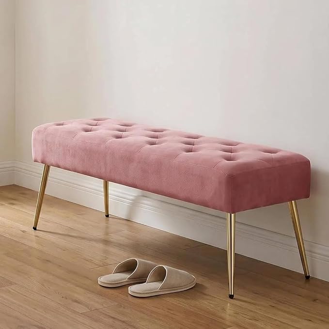 DUHOME Modern Velvet Ottoman Bench, Button-Tufted Upholstered Bedroom Benches,End of Bed Bench with Gold Base for Entryway Living Room Dining Room, Pink