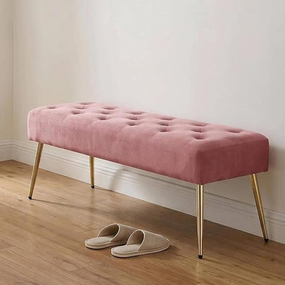 DUHOME Modern Velvet Ottoman Bench, Button-Tufted Upholstered Bedroom Benches,End of Bed Bench with Gold Base for Entryway Living Room Dining Room, Pink