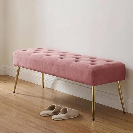 DUHOME Modern Velvet Ottoman Bench, Button-Tufted Upholstered Bedroom Benches,End of Bed Bench with Gold Base for Entryway Living Room Dining Room, Pink