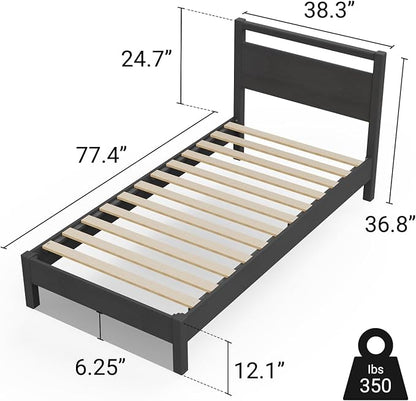 LIFEMENT Signature Wood Platform Bed Frame with Headboard, Essential, Noise Free, Under Bed Storage, No Box Spring Needed, Easy Assembly (Black, Twin)