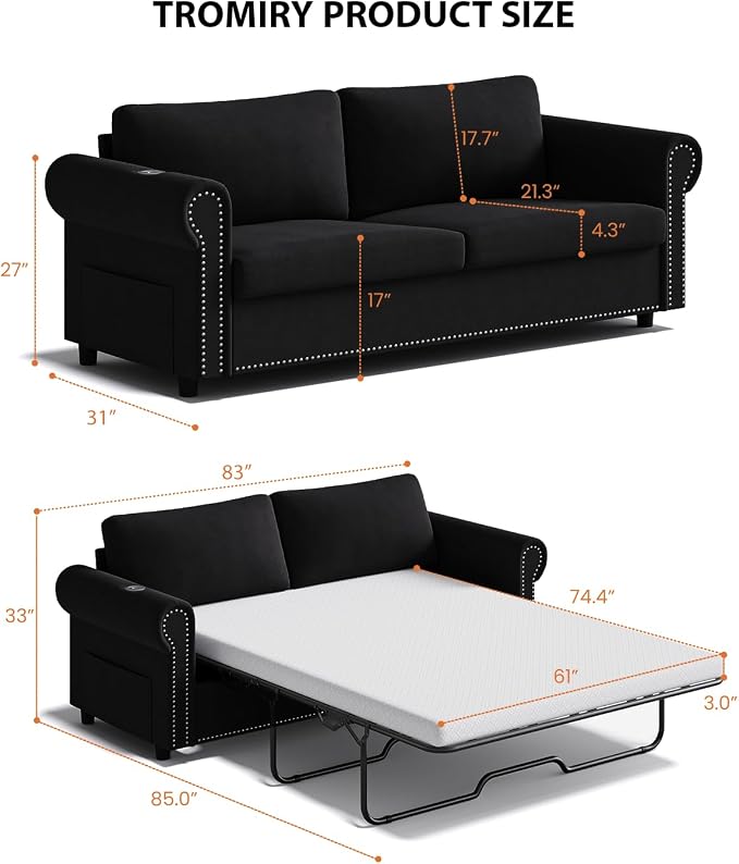 Queen Pull Out Sofa Bed | 83" Large Sleeper Sofa with Queen Size Mattress | 2-in-1 Convertible Loveseat Sofa-Bed with USB Ports Side Pockets Black
