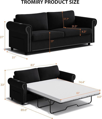 Queen Pull Out Sofa Bed | 83" Large Sleeper Sofa with Queen Size Mattress | 2-in-1 Convertible Loveseat Sofa-Bed with USB Ports Side Pockets Black