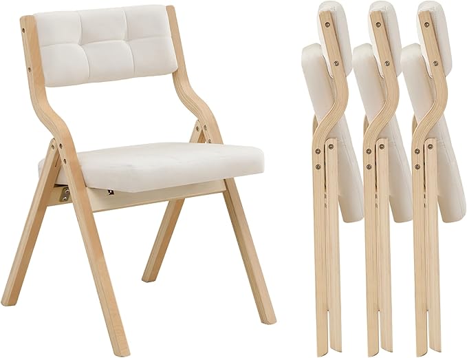 Folding Dining Chairs with Cushion Set of 4,Padded Foldable Dining Chairs,Portable Wooden Folding Chairs with Seat for Dining Rooms Kitchen Wedding Party Indoor Velvet Beige