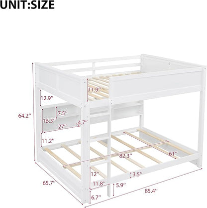 Wood Bunk Bed Queen Over Queen Size with Built-in Storage Cabinets and USB Ports, Versatile Bunk Bed Frame with Ladder and Guardrail for Kids Teens Adult, Maximize Space (White-9.30)