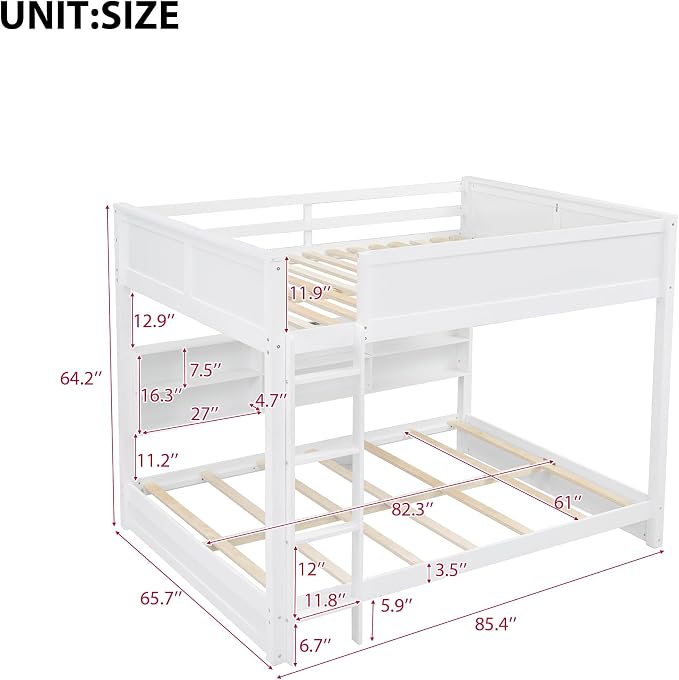 Queen Over Queen Bunk Bed with Built-in Shelves and USB Ports, Solid Wood Bunk Bed Frame with Safety Guardrail, for Kids Boys Girls Bedroom, No Box Spring Needed (White)